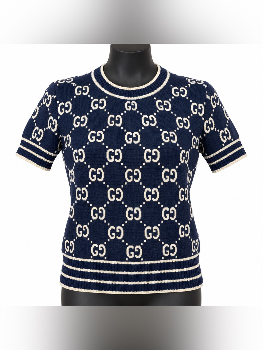 Gucci Navy & Cream GG Short-Sleeve Crewneck Sweater